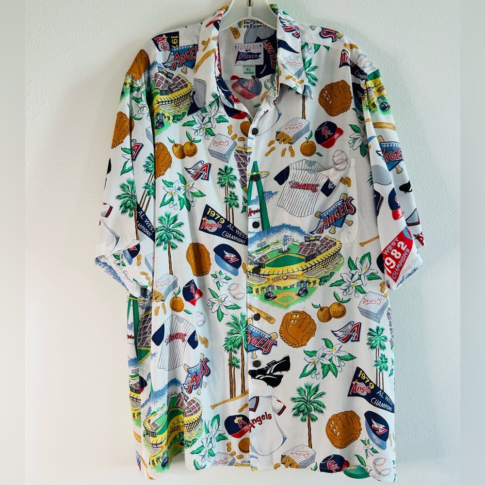 Reyn Spooner MLB Angels Hawaiian Button Down Shirt X Large White red blue